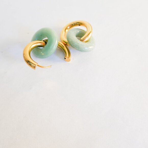 Green Jade Chunky Wide Huggie Hoop Charm Earrings - Picture 2 of 2